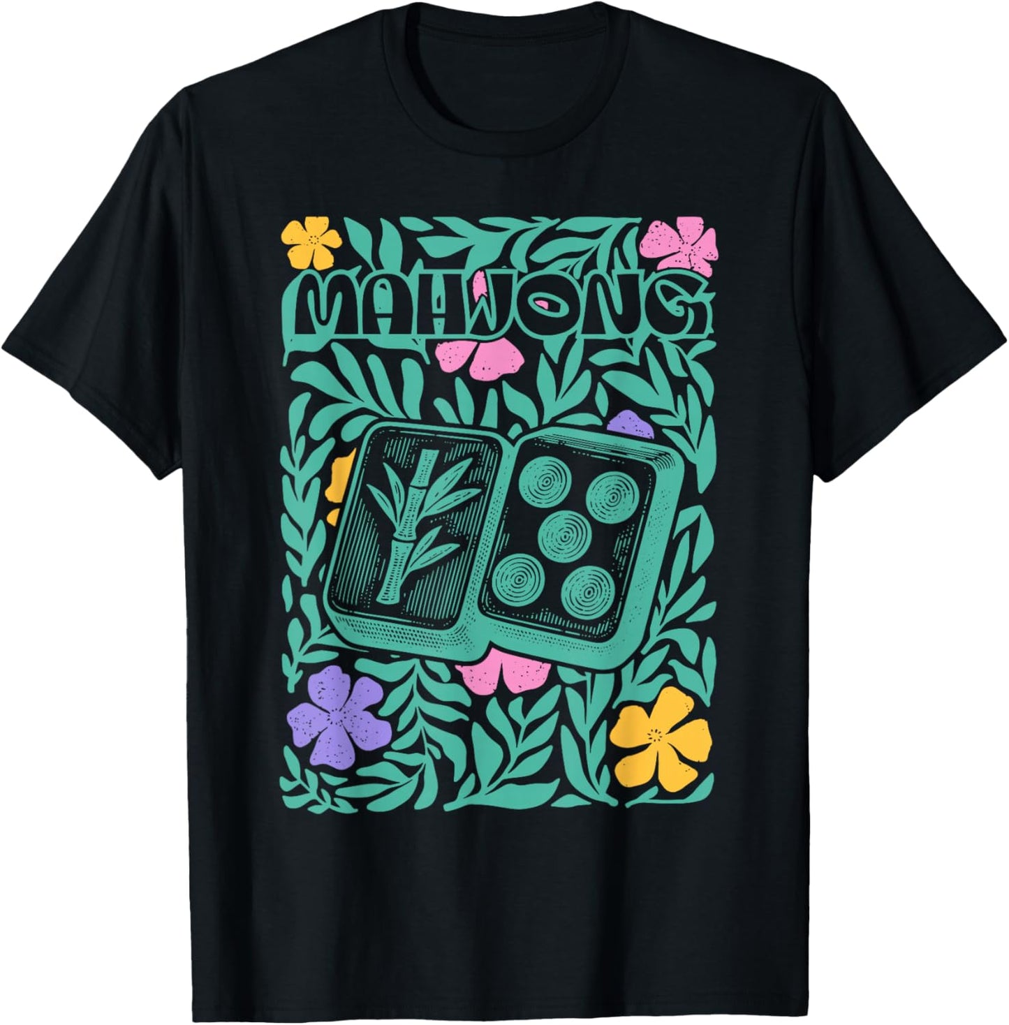 Boho Floral Mahjong Player Matching Mahjong Club Game Set T-Shirt - T-Shirt | Black