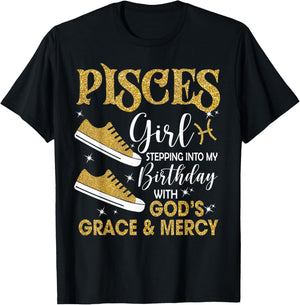 Pisces Girl Stepping Into My Birthday Gods Grace Sneakers T-Shirt - T-Shirt | Black