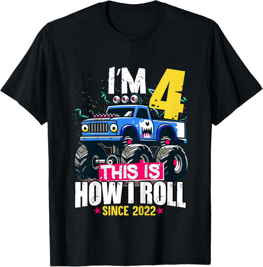 Kids Cute 4th Birthday Truck Turning 4 Years Old Boy Born in 2022 T-Shirt - T-Shirt | Black