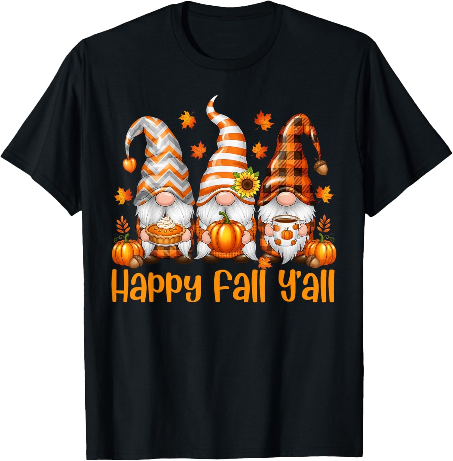 Happy Fall Y'all Gnome Pumpkin Thanksgiving Men Women Autumn T-Shirt - T-Shirt | Black