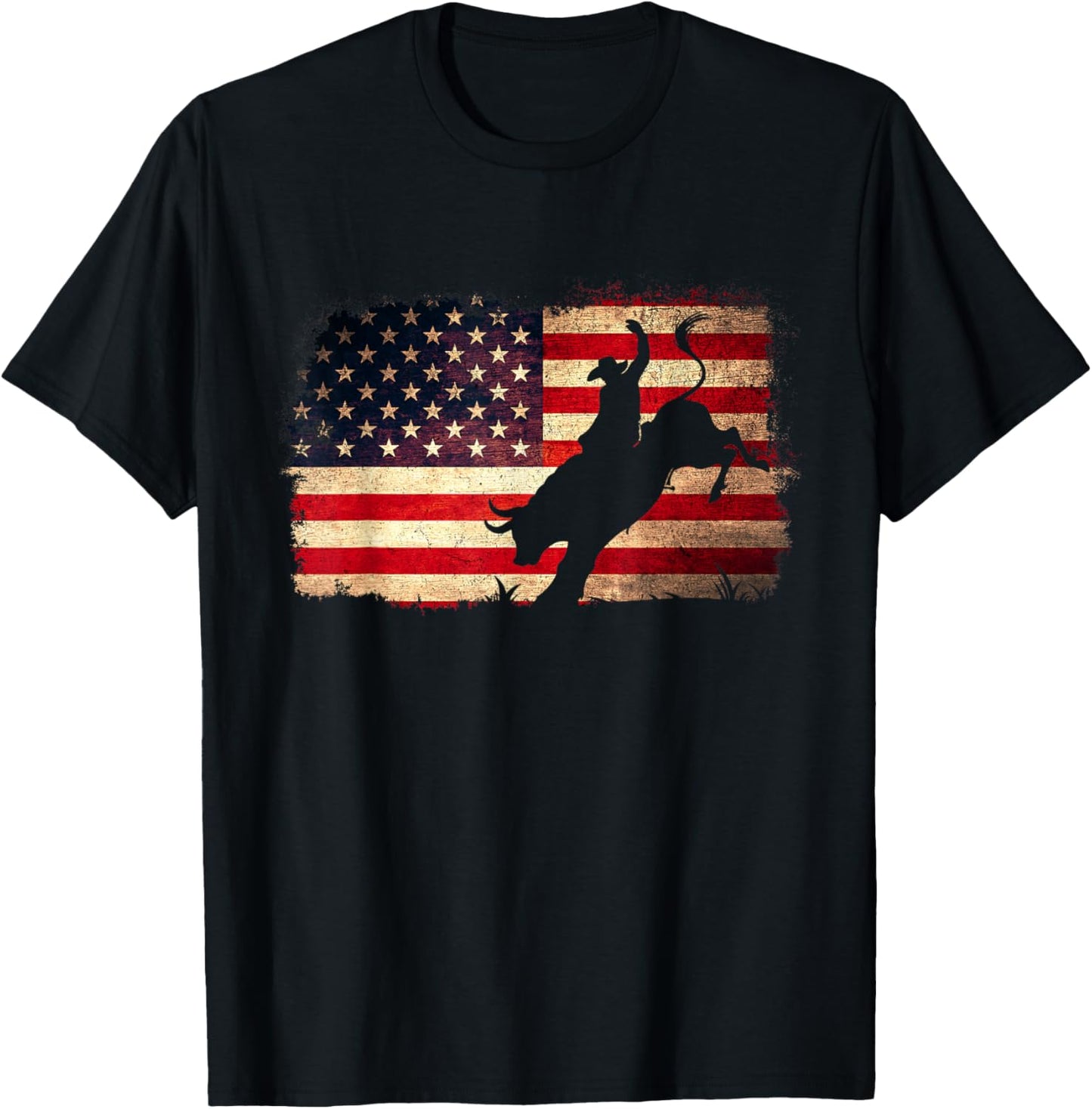 Rodeo Cowboy Bull Rider Western Country Patriotic USA Flag T-Shirt - T-Shirt | Black