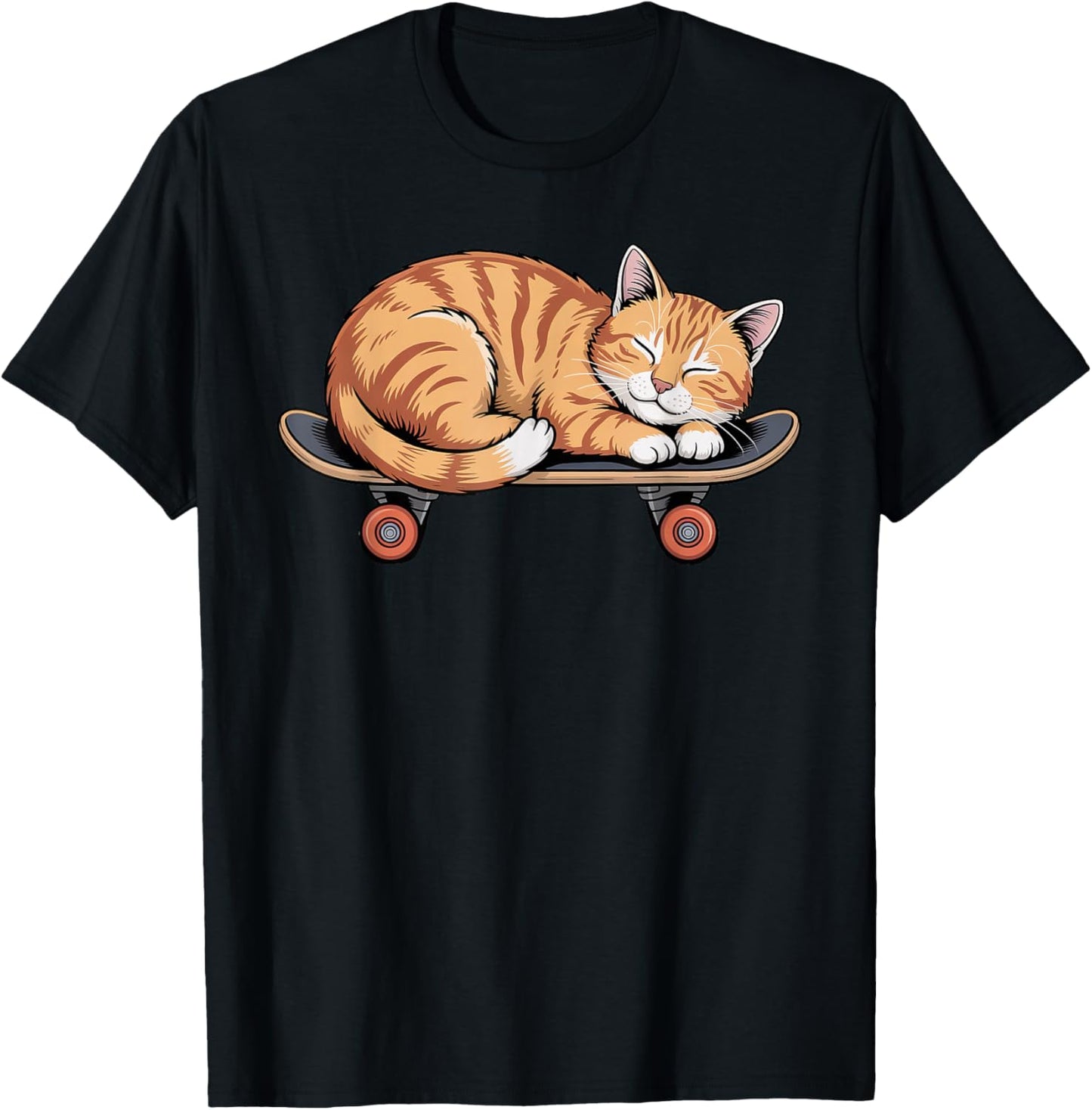 Funny Orange Cat Sleeping On A Skateboard Skateboarding T-Shirt - T-Shirt | Black