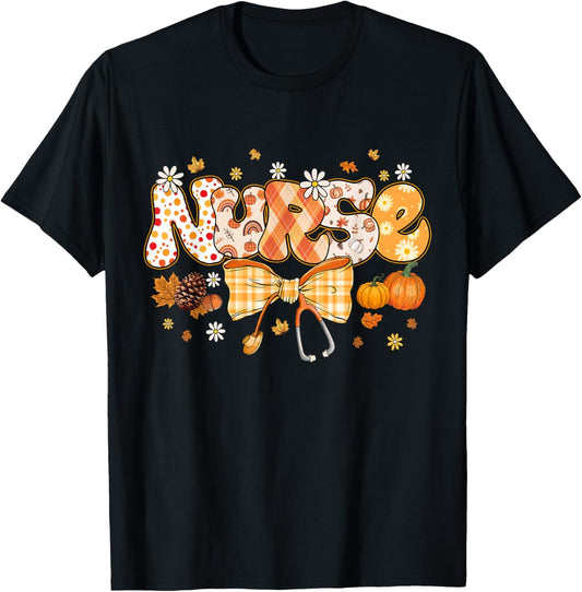 Retro Pumpkin Nurse Life Stethoscope Fall Happy Thanksgiving T-Shirt - T-Shirt | Black