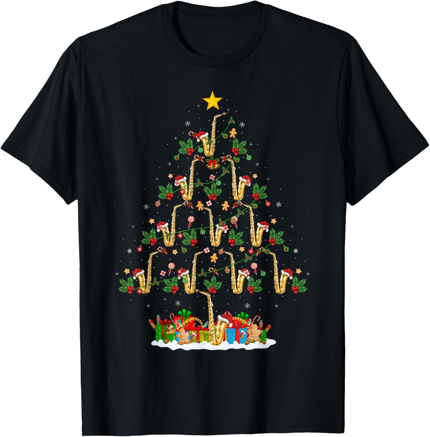 Saxophone Christmas Tree Lights Funny Jazz Music Lover Xmas T-Shirt - T-Shirt | Black