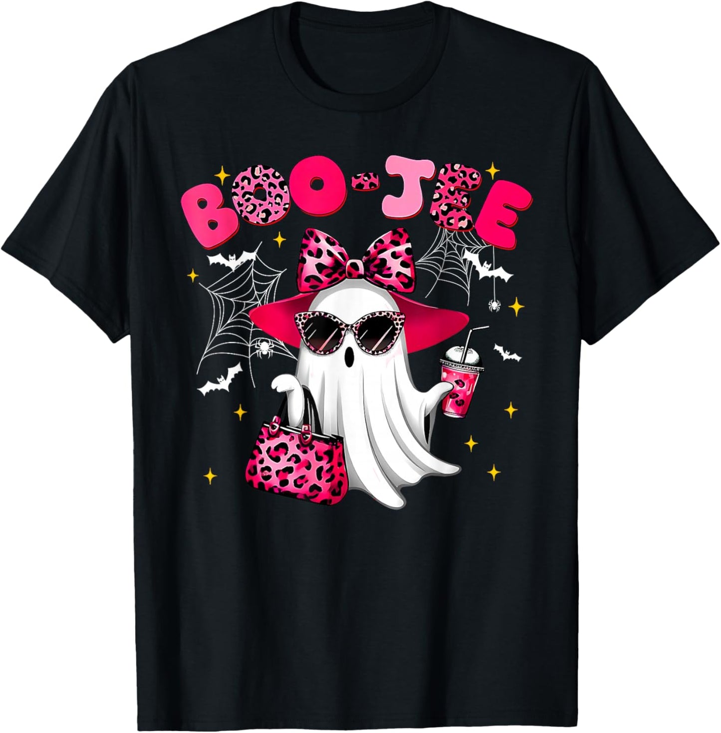 Cute Boo JEE Ghost Halloween Pink Leopard Bow Ghost T-Shirt - T-Shirt | Black