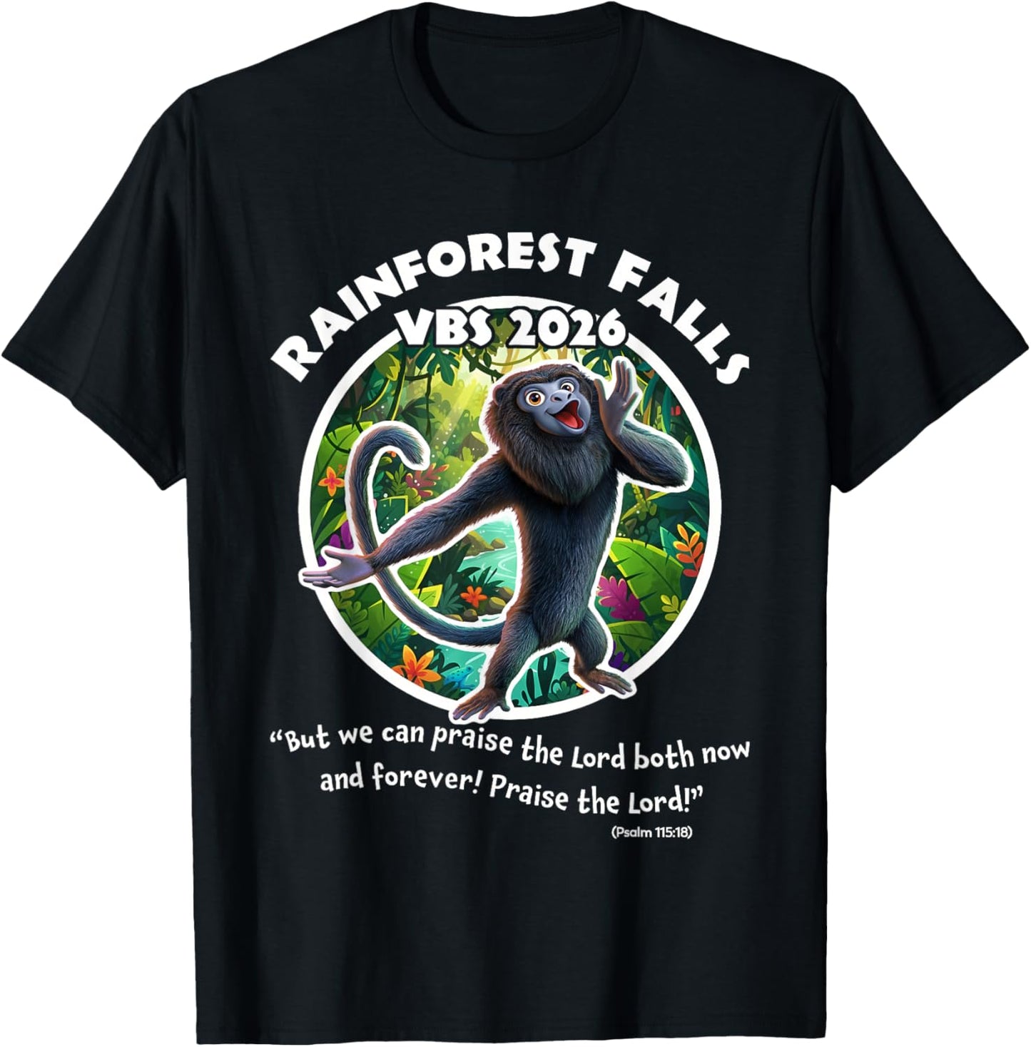 Rainforest Falls VBS 2026 Monkey Jesus Faith Bible Verse T-Shirt - T-Shirt | Black