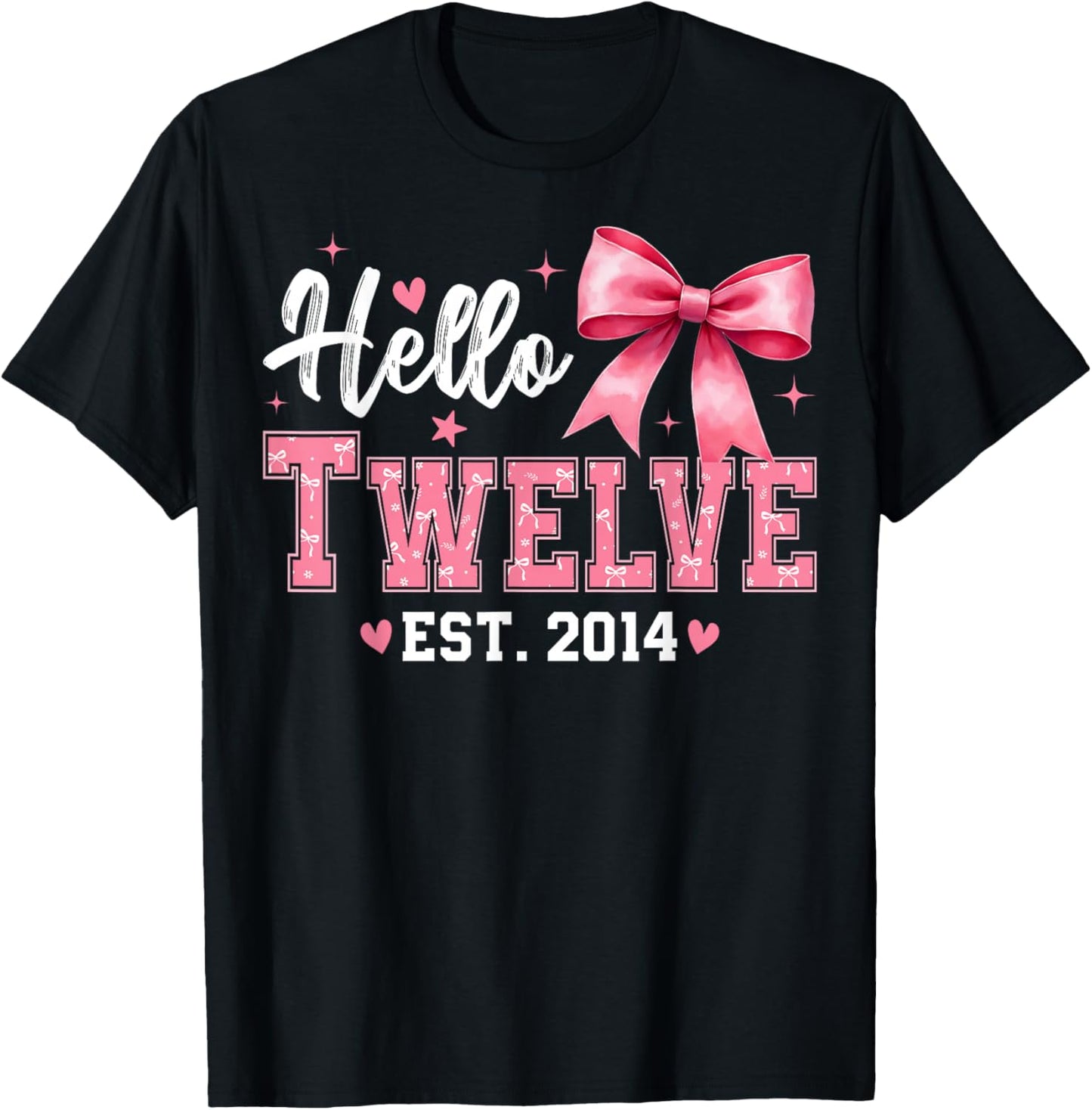 Hello Twelve Est 2014 Coquette Bow 12th Birthday Girl T-Shirt - T-Shirt | Black