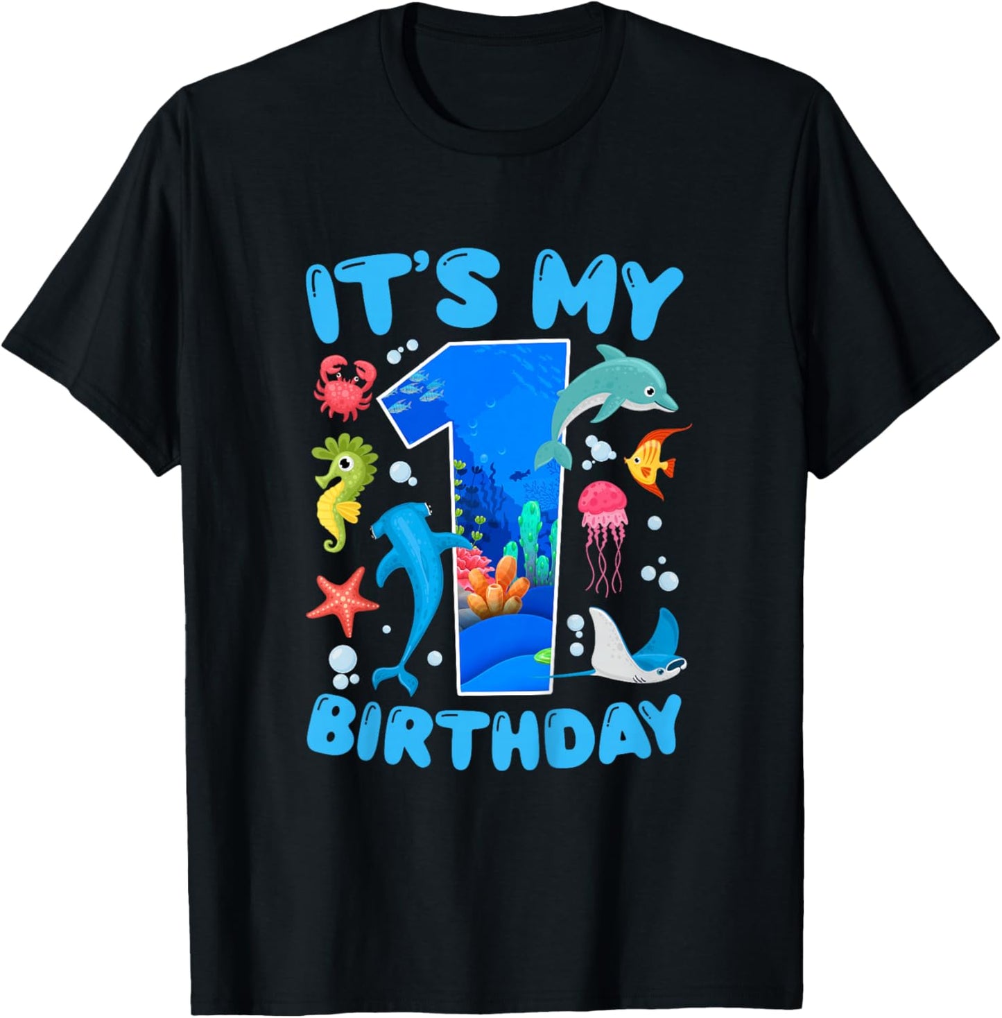 1st Ocean Birthday Party 1 Year Old Sea Animals T-Shirt - T-Shirt | Black