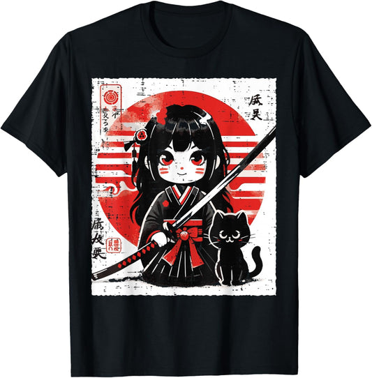 Japanese Samurai Girl Black Cat Kawaii Anime Women Girls Kid T-Shirt - T-Shirt | Black
