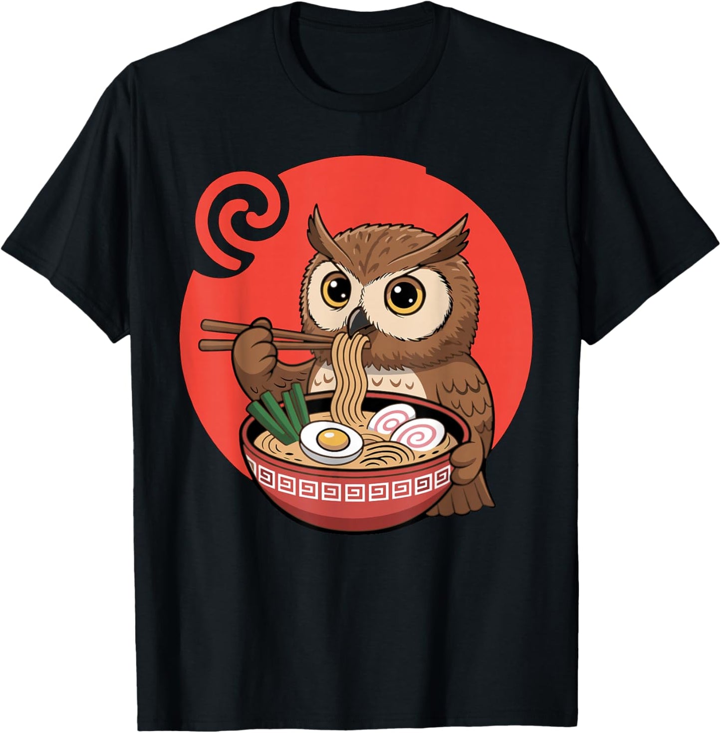 Kawaii Owl Ramen Owl Eating Noodles Japanese T-Shirt - T-Shirt | Black