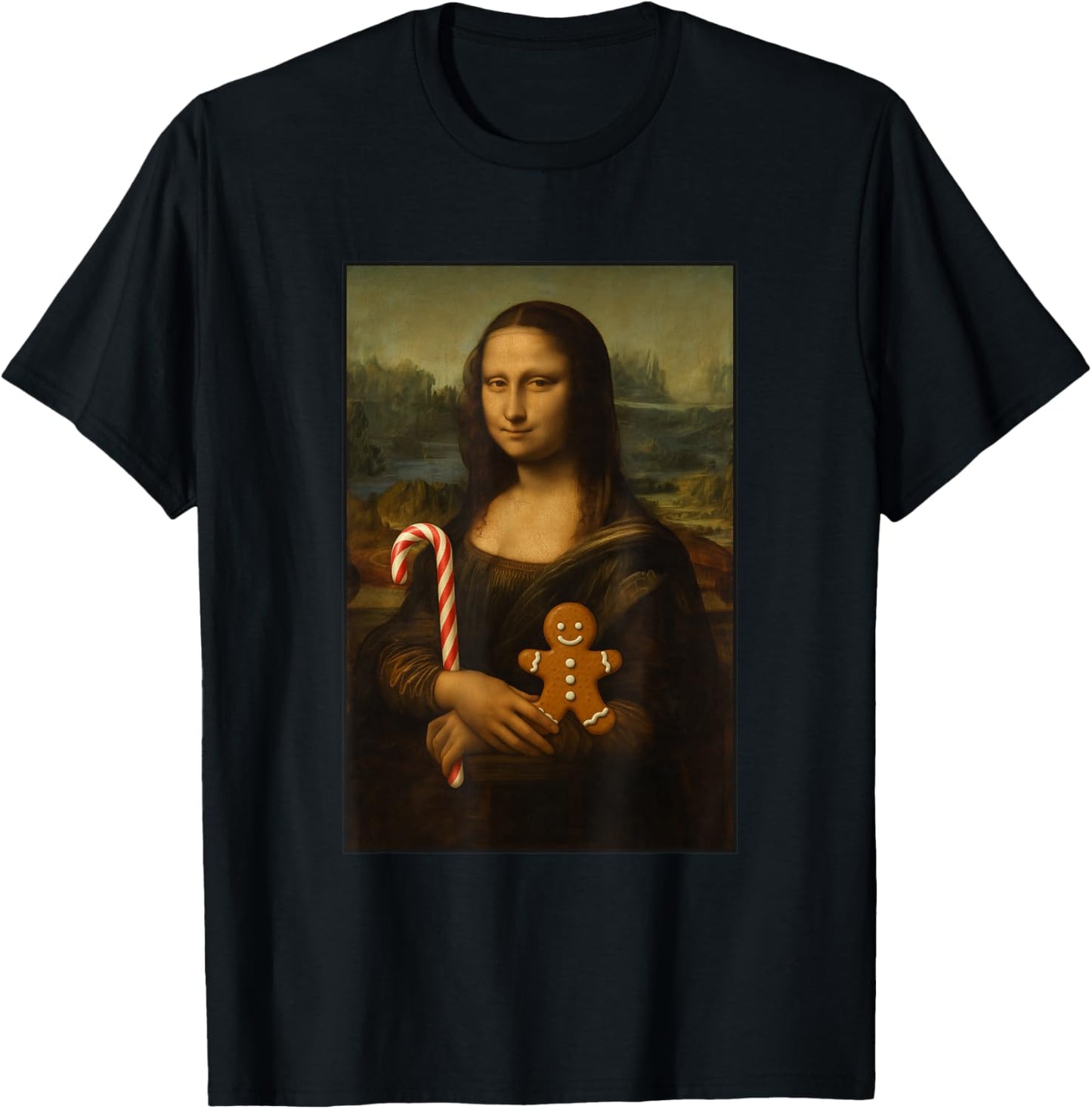 Mona Lisa Candy Gingerbread Cane Funny Christmas Art T-Shirt - T-Shirt | Black