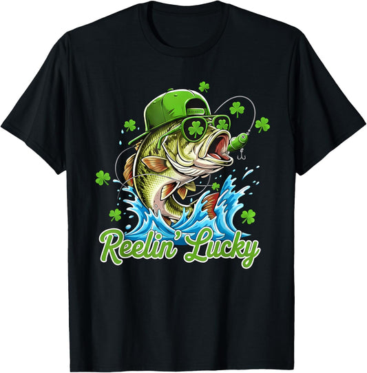 Reelin' Lucky Bass Fishing Fisherman St Patricks Day T-Shirt - T-Shirt | Black
