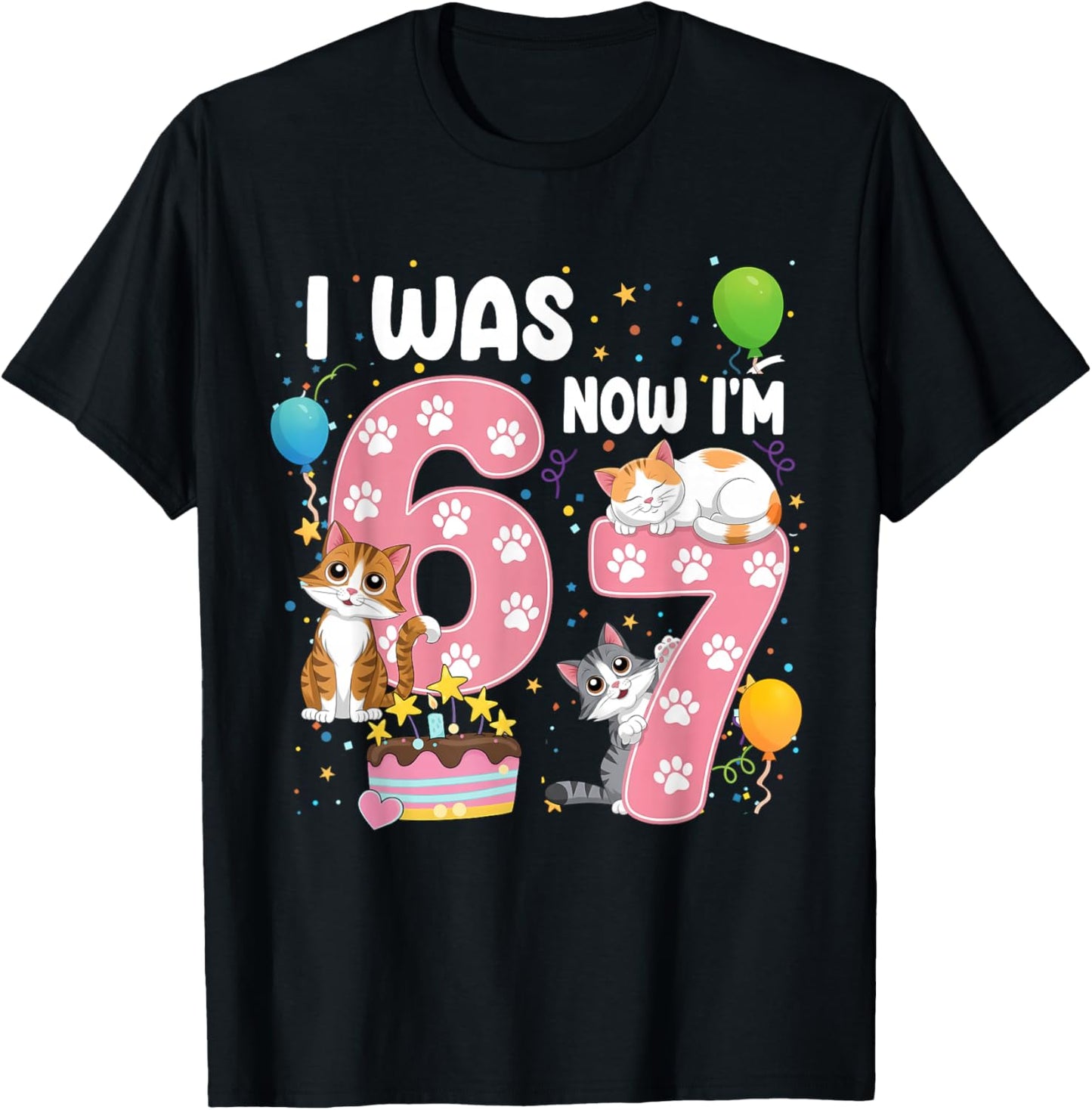 I was 6 Now I'm 7 Kids 7th Cat Birthday Girl Cute Cat Kitten T-Shirt - T-Shirt | Black