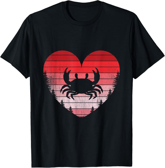 Crab Heart Love Valentines Day Vintage Retro Sunset T-Shirt - T-Shirt | Black