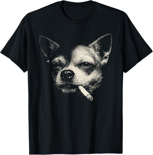 Vintage Dog Smoking Cigarette Funny Chihuahua Brainrot Meme T-Shirt - T-Shirt | Black