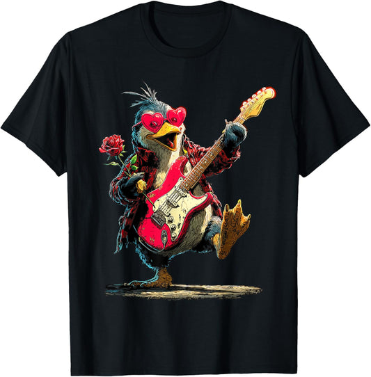 Cute Penguin Playing Guitar Guitarist Animal Valentine’s Day T-Shirt - T-Shirt | Black