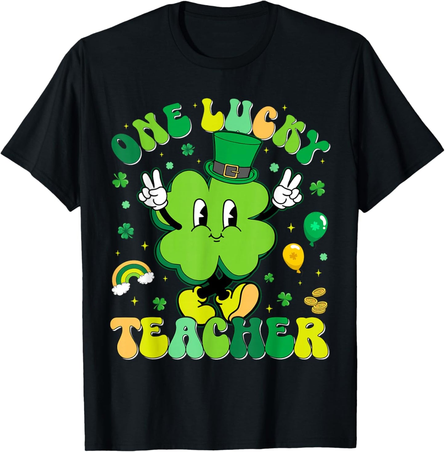 One Lucky Teacher Shamrock Retro Funny St Patricks Men Women T-Shirt - T-Shirt | Black