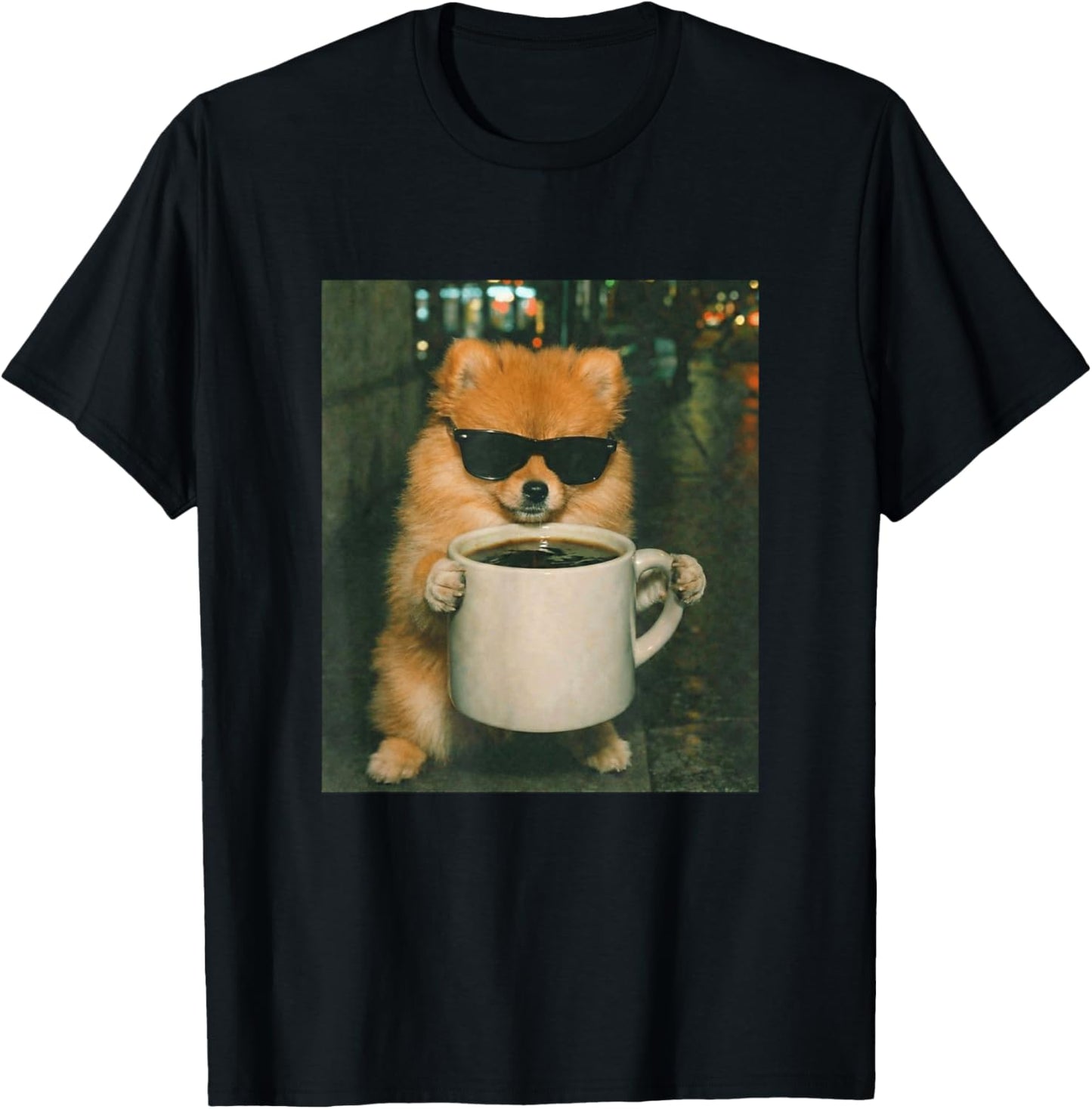 Funny Pomeranian Drinking Coffee Meme Retro Urban Gen Z T-Shirt - T-Shirt | Black