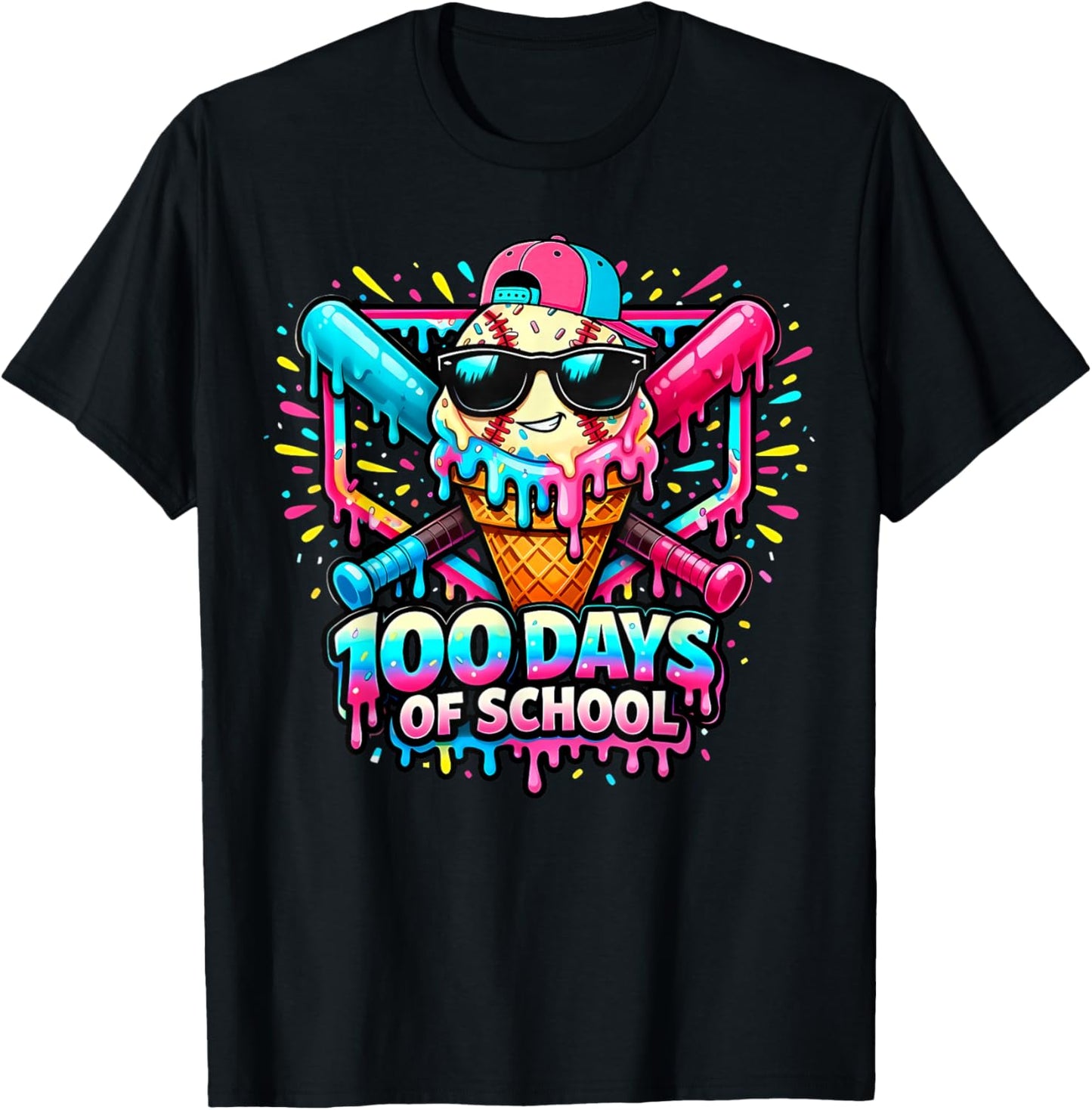 Baseball Ice Cream Drip 100 Days of School Boys Girls 100th T-Shirt - T-Shirt | Black