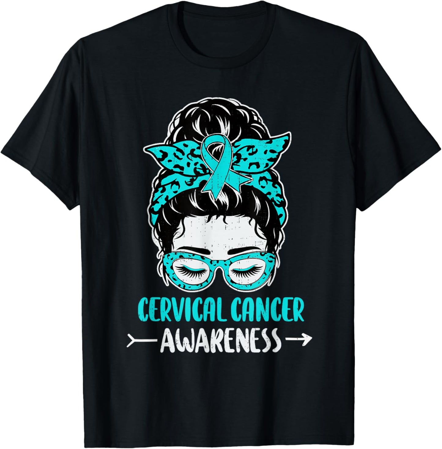 Cervical Cancer Awareness Messy Bun Ribbon Teal T-Shirt - T-Shirt | Black
