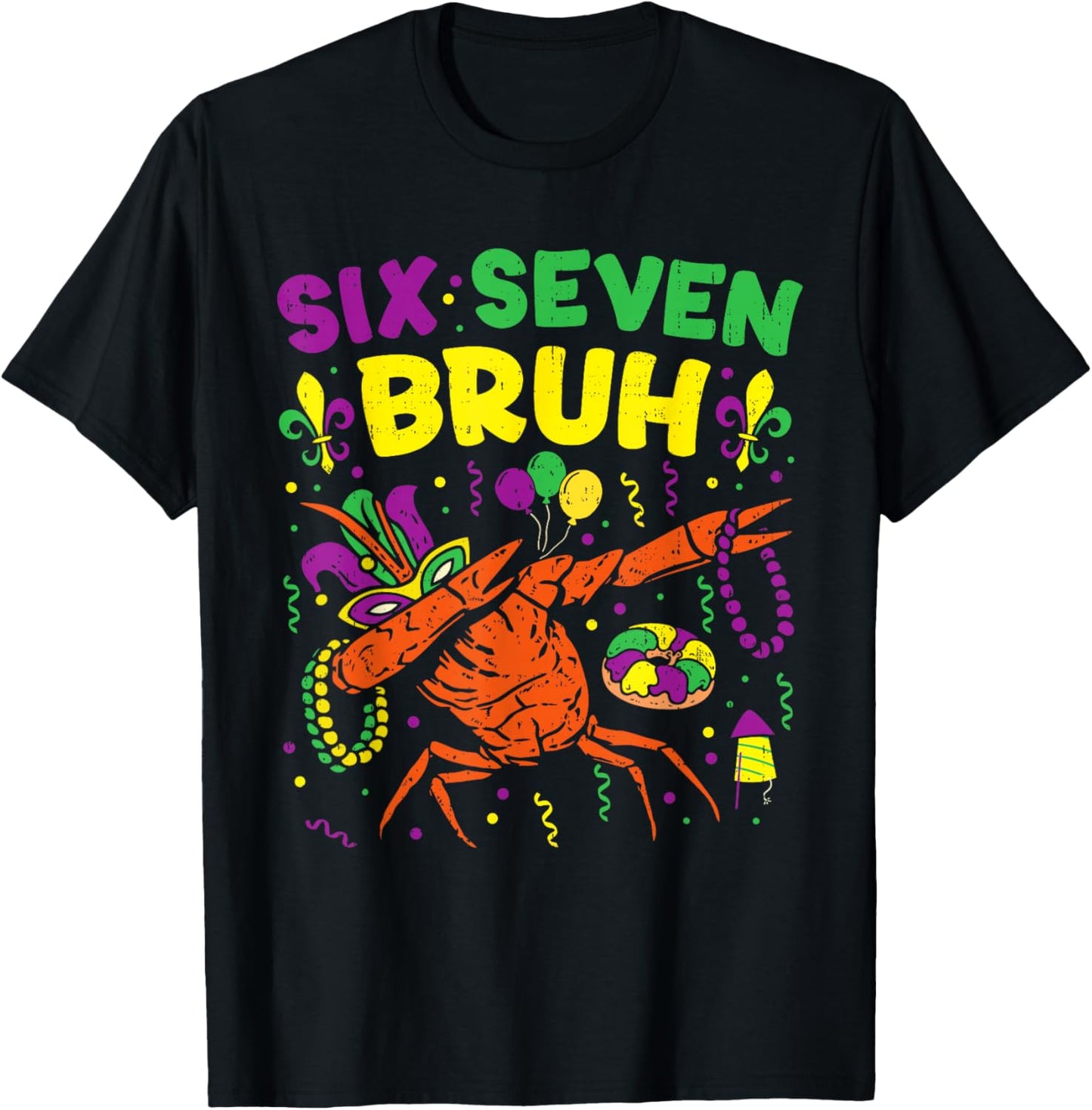 Boy Mardi Gras Six Seven Bruh Dabbing Crawfish Beads Kids T-Shirt - T-Shirt | Black