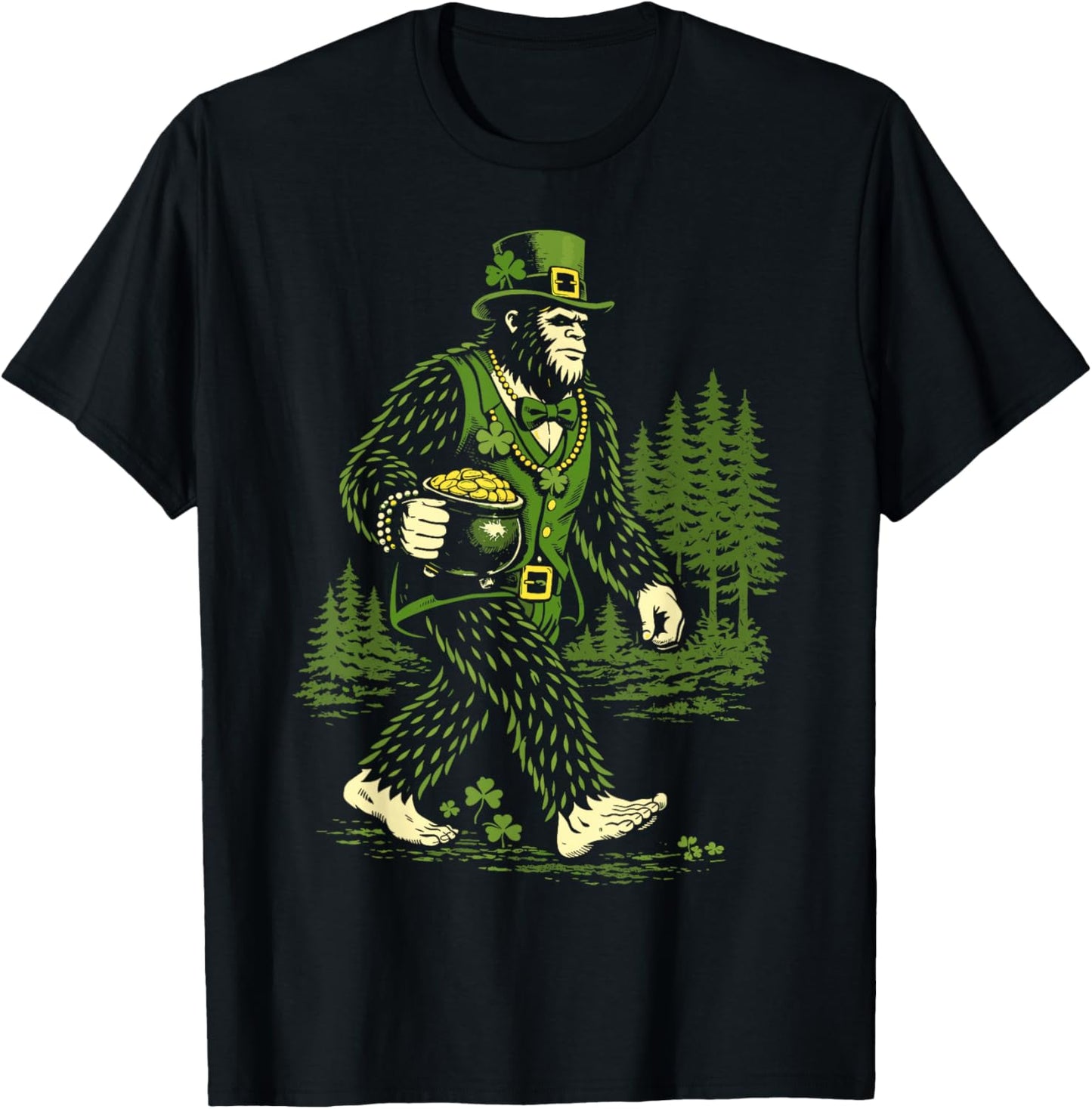 Bigfoot St Patrick's Day Shamrock Sasquatch Leprechaun T-Shirt - T-Shirt | Black