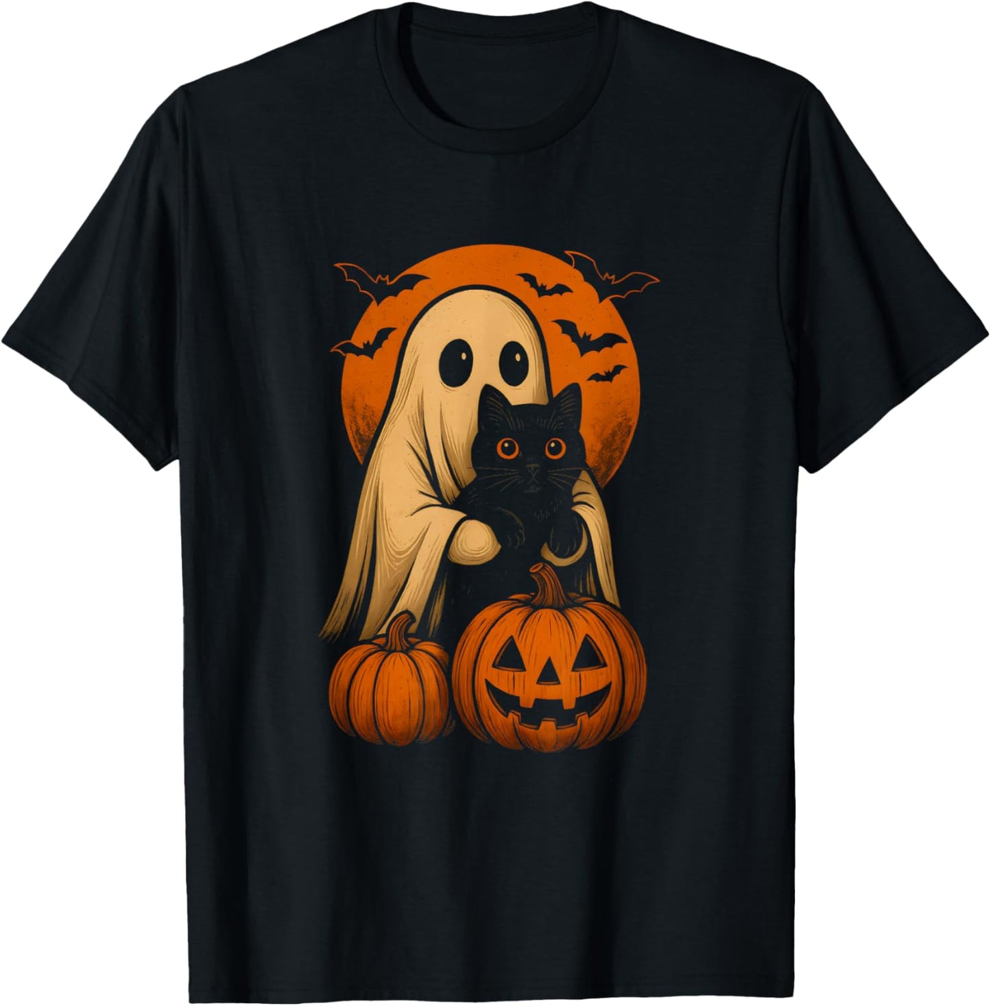 Cute Ghost and Cat with Pumpkin for Halloween Costume Party T-Shirt - T-Shirt | Black