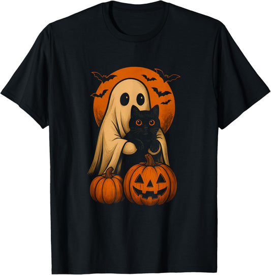 Cute Ghost and Cat with Pumpkin for Halloween Costume Party T-Shirt - T-Shirt | Black