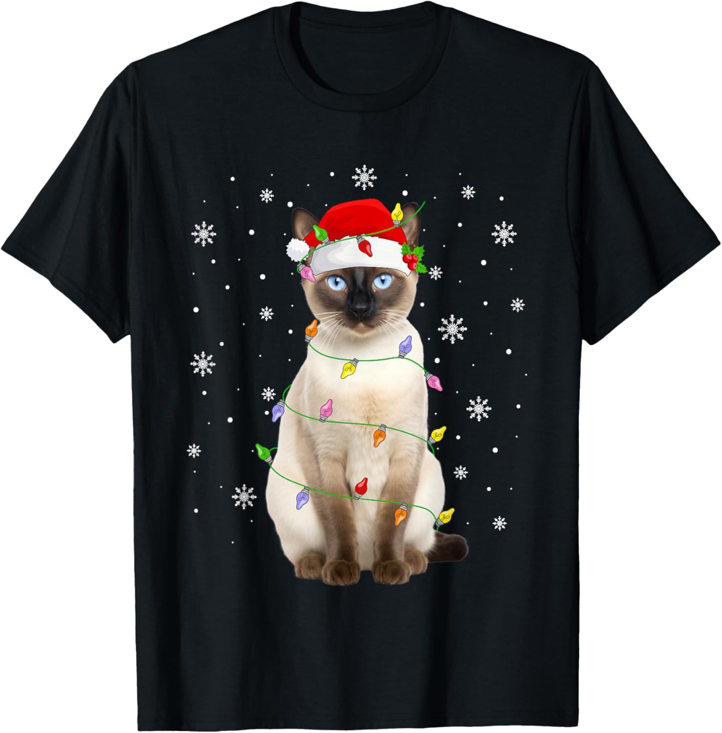 Siamese Cat Christmas Lights Funny Santa Hat Cat Lover Xmas T-Shirt - T-Shirt | Black