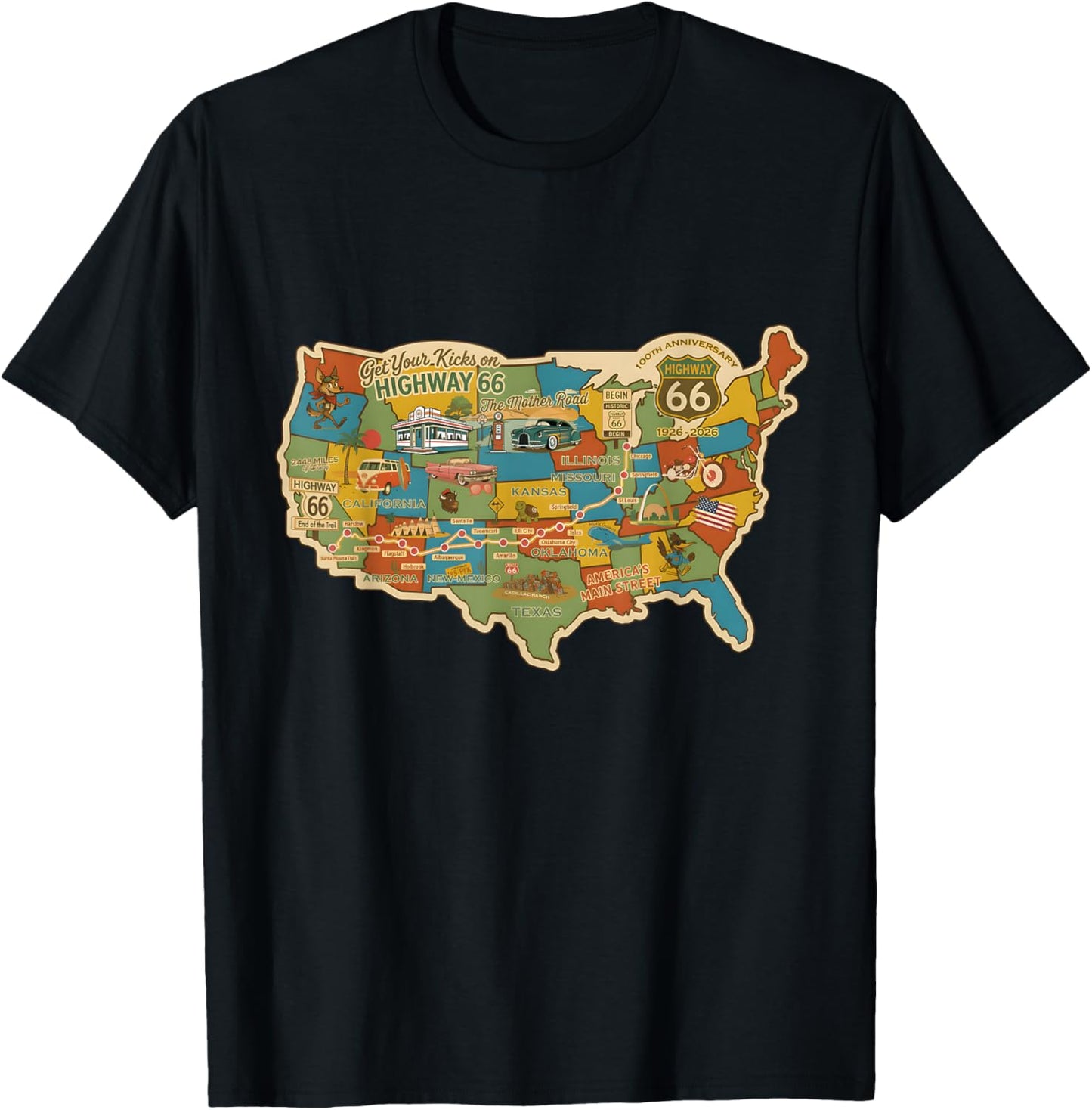 100th Anniversary Americana Highway Travel Map 1926 2026 T-Shirt - T-Shirt | Black