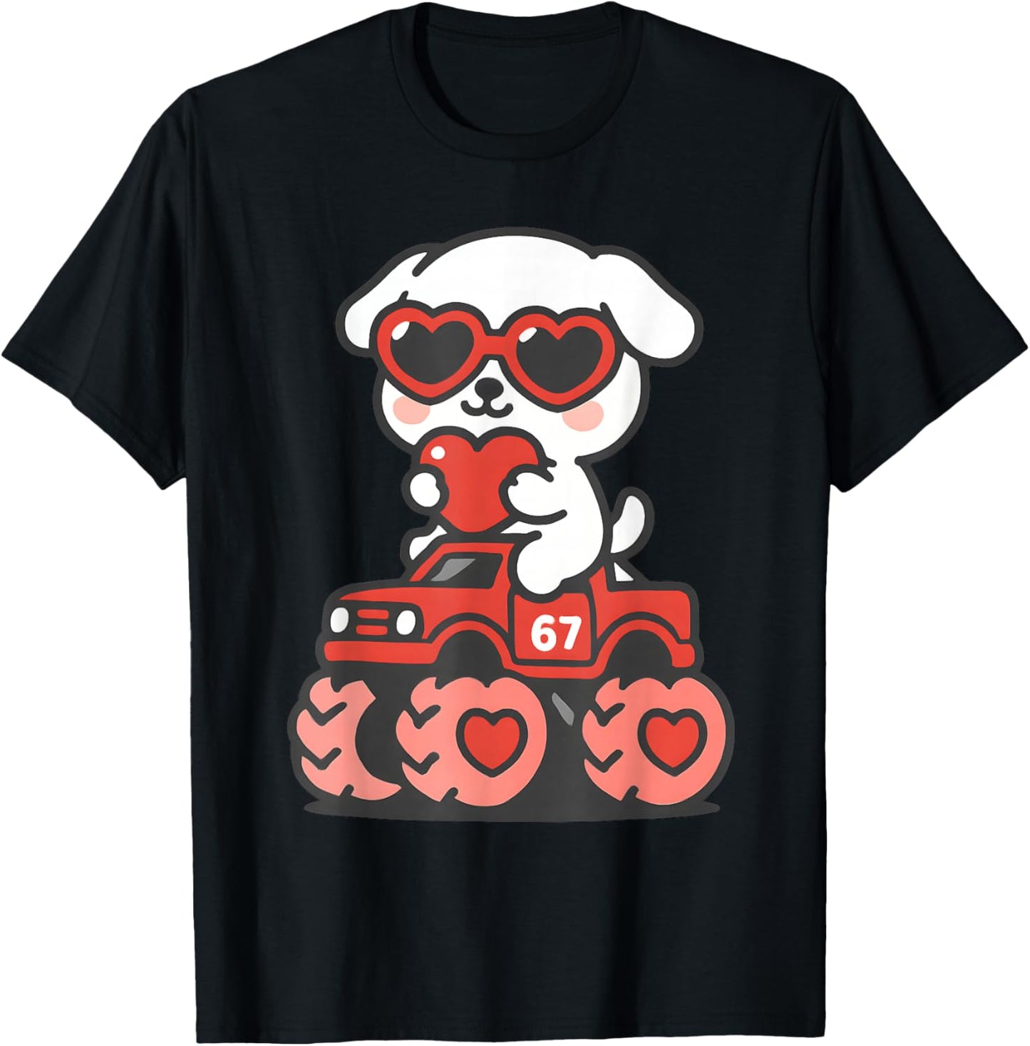 Valentines Day Kawaii Dog Riding Truck Funny Puppy Vday T-Shirt - T-Shirt | Black