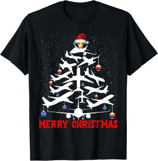 Christmas Tree Airplanes Pilots Merry Christmas Men Boys T-Shirt - T-Shirt | Black