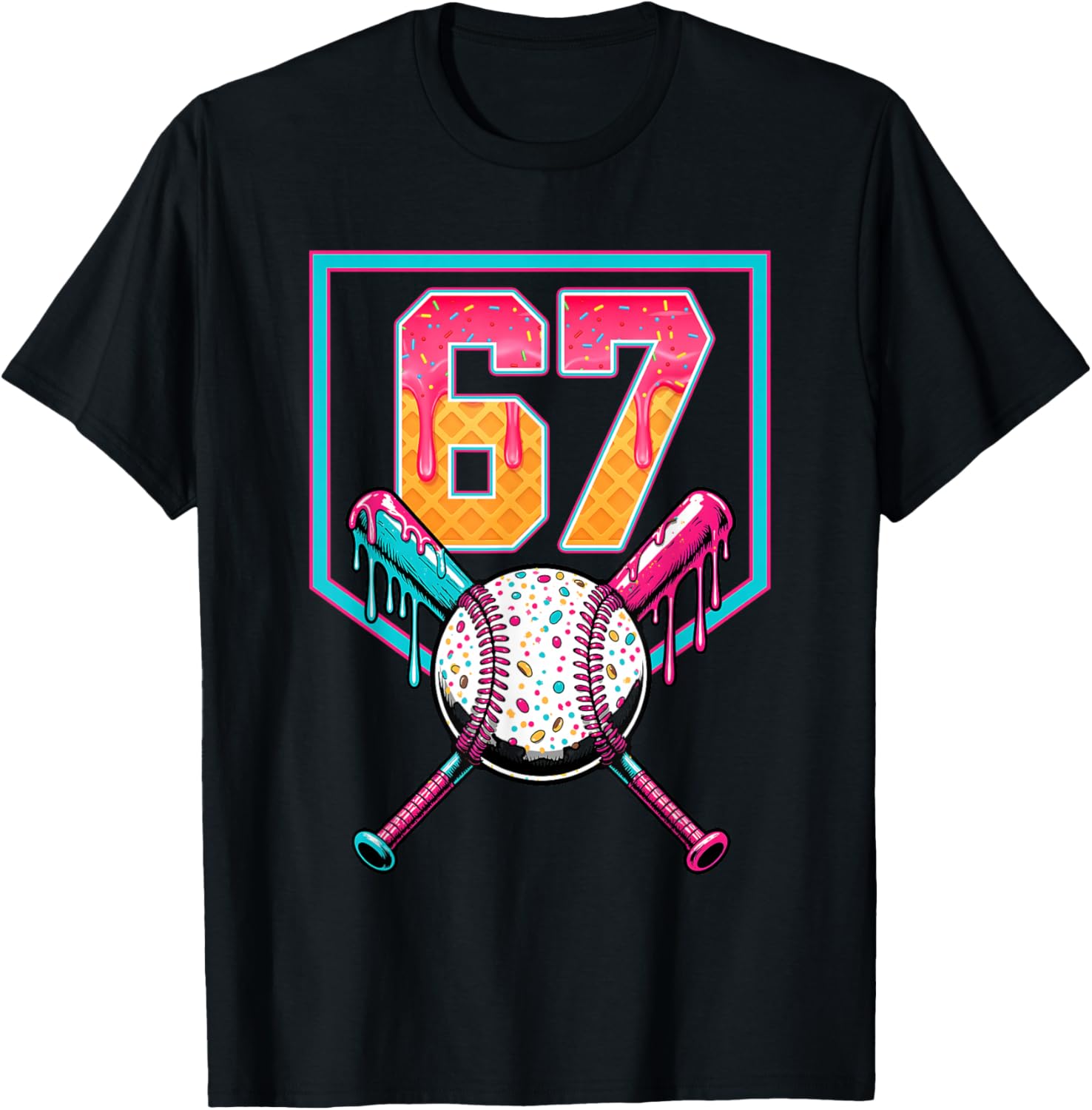Baseball Ice Cream Drip Number 67 Player 67th Birthday Men T-Shirt - T-Shirt | Black