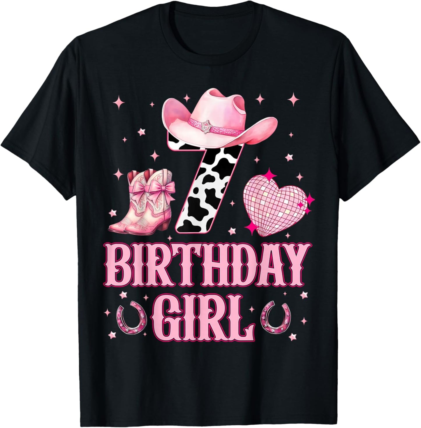 Kids 7th Birthday Girl Western Cowgirl Boots Hat 7 Year Old T-Shirt - T-Shirt | Black