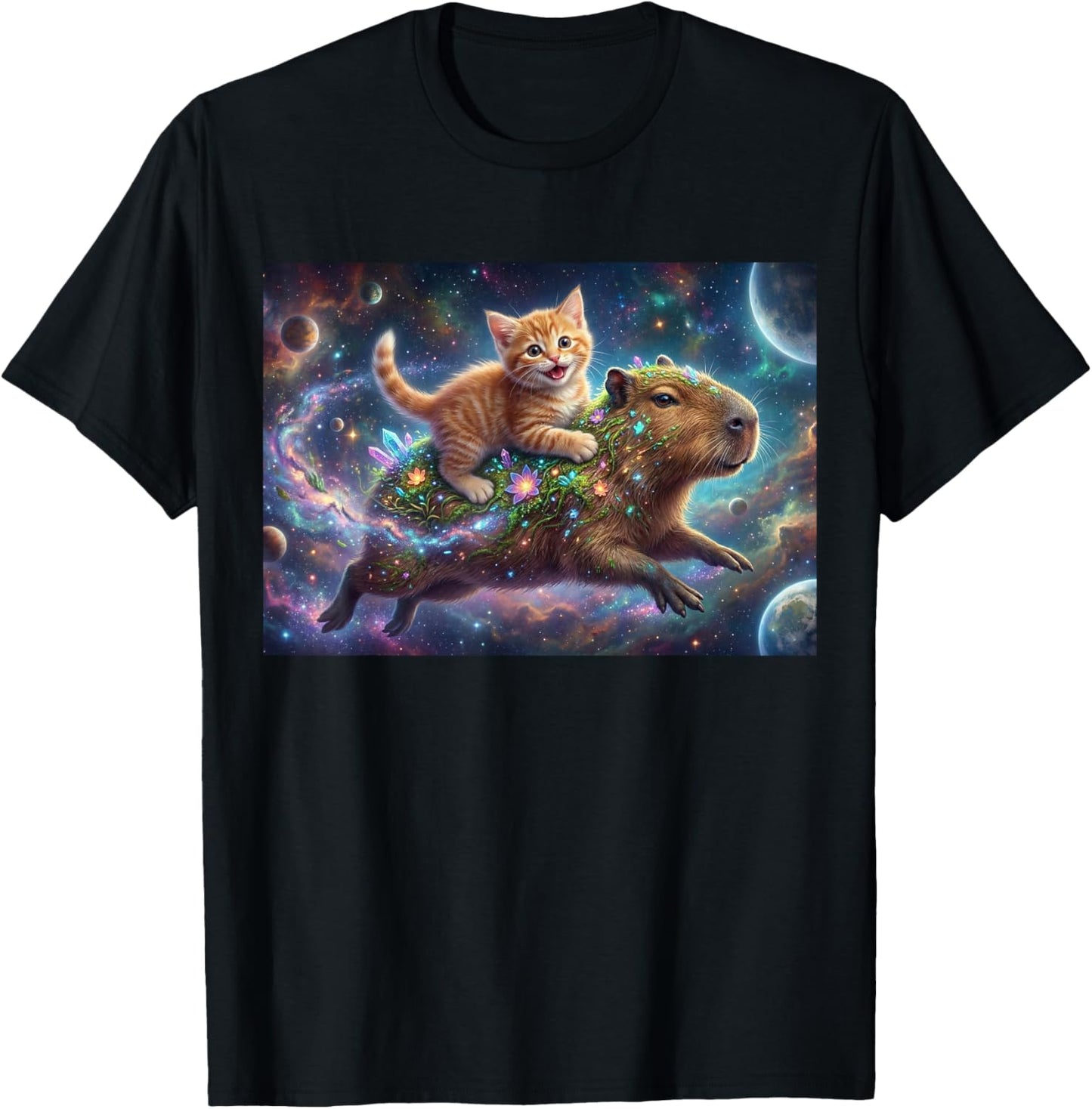 Funny Cat Riding Capybara in Space Galaxy Fantasy Art T-Shirt - T-Shirt | Black