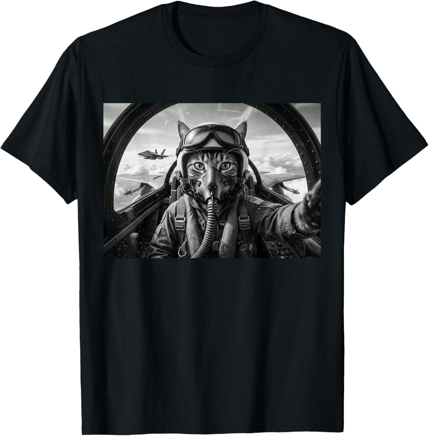 Funny Cat Fighter Pilot Jet Plane Aviator Selfie T-Shirt - T-Shirt | Black