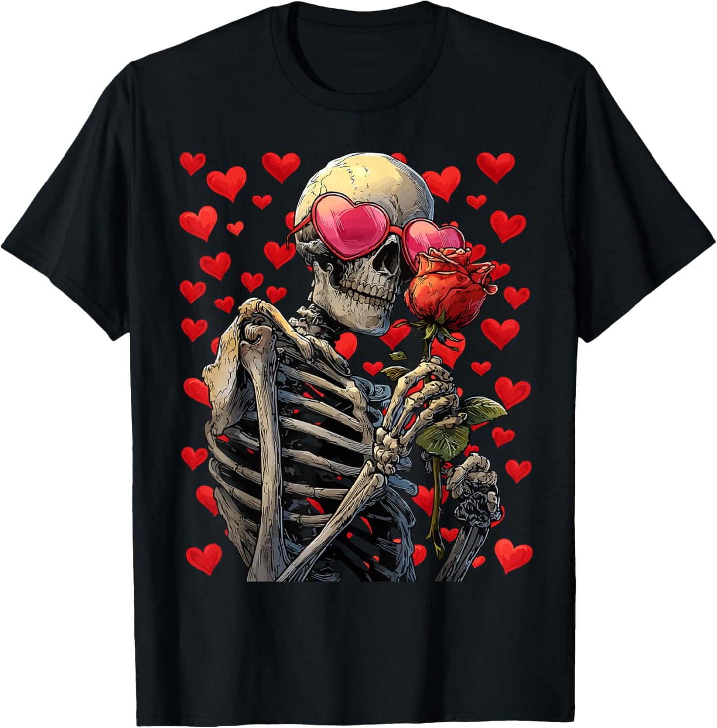 Skeleton with Heart Glasses Rose Gothic Valentine's Day Goth T-Shirt - T-Shirt | Black