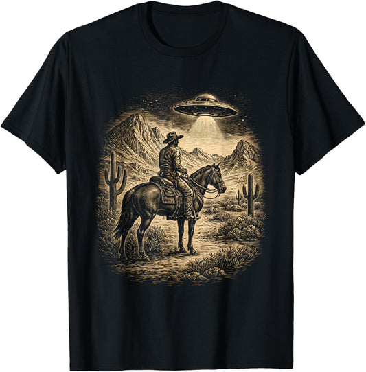 Classic Cowboy UFO Alien Craft Encounter Western Mystery T-Shirt - T-Shirt | Black