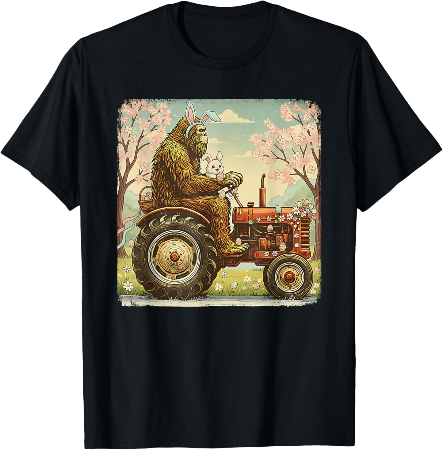 Easter Bigfoot Bunny Tractor Funny Spring Sasquatch Farm T-Shirt - T-Shirt | Black