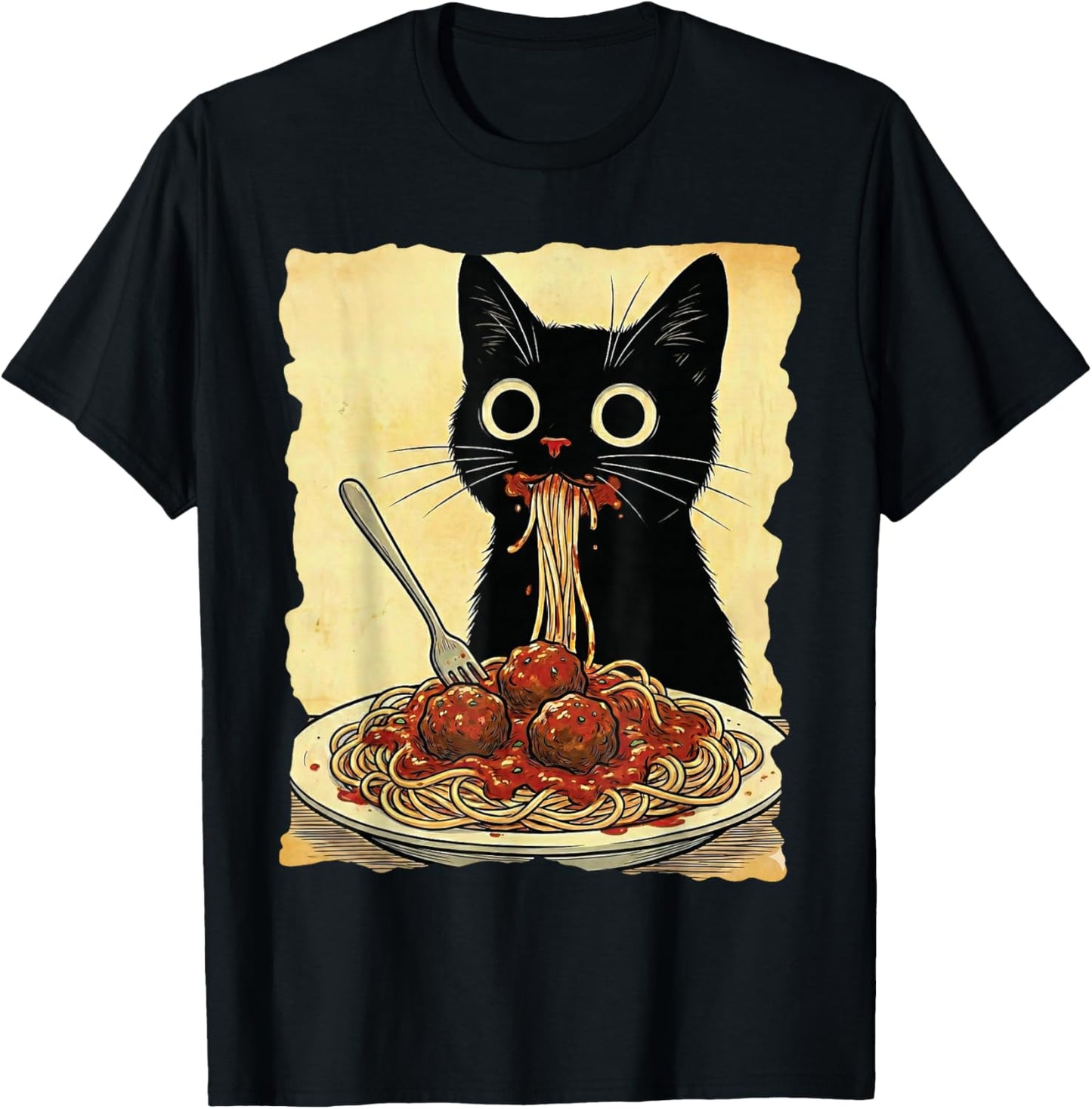 Cat Spaghetti and Meatballs Japanese Kawaii Anime T-Shirt - T-Shirt | Black