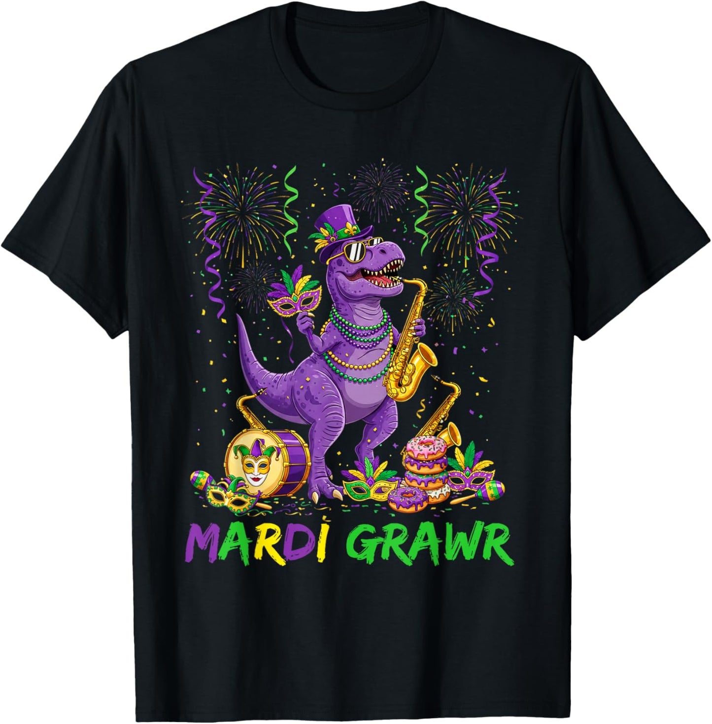 Mardi Grawr T Rex Dinosaur Funny Mardi Gras Men Boy Kid T-Shirt - T-Shirt | Black