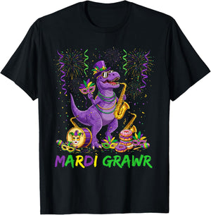 Mardi Grawr T Rex Dinosaur Funny Mardi Gras Men Boy Kid T-Shirt - T-Shirt | Black