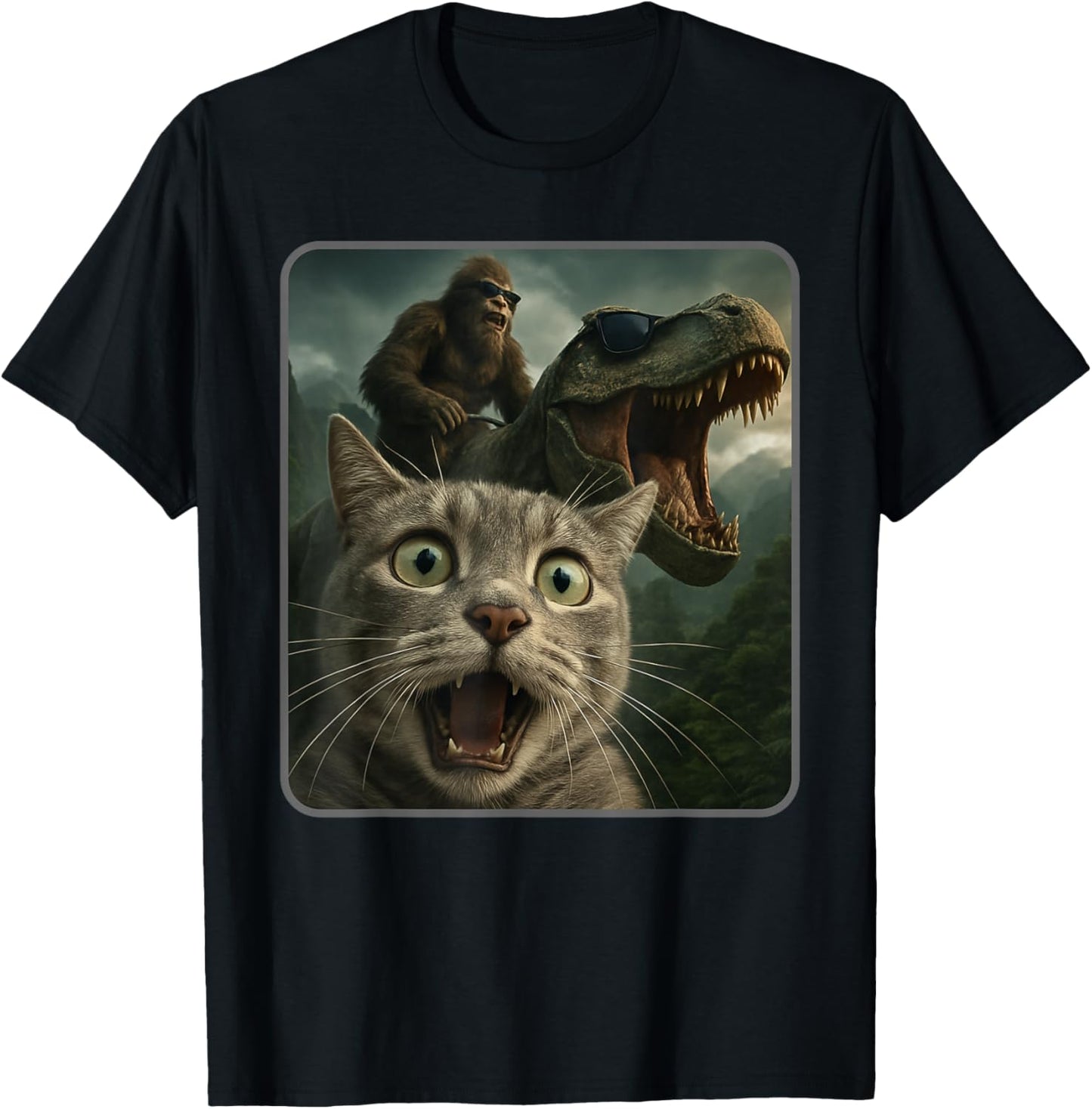 Funny Cat Selfie with Bigfoot Riding T-Rex Meme T-Shirt - T-Shirt | Black
