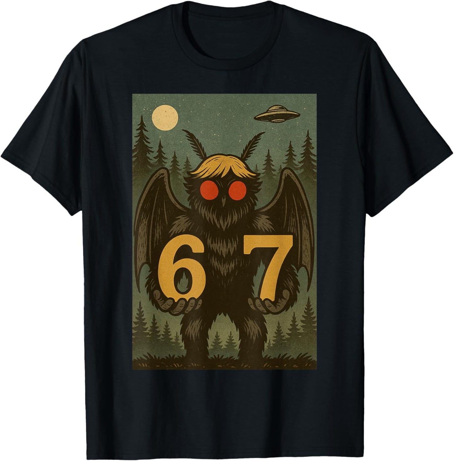 Six Seven Funny Mothman Cryptid 67 Viral Meme Men Women Kids T-Shirt - T-Shirt | Black