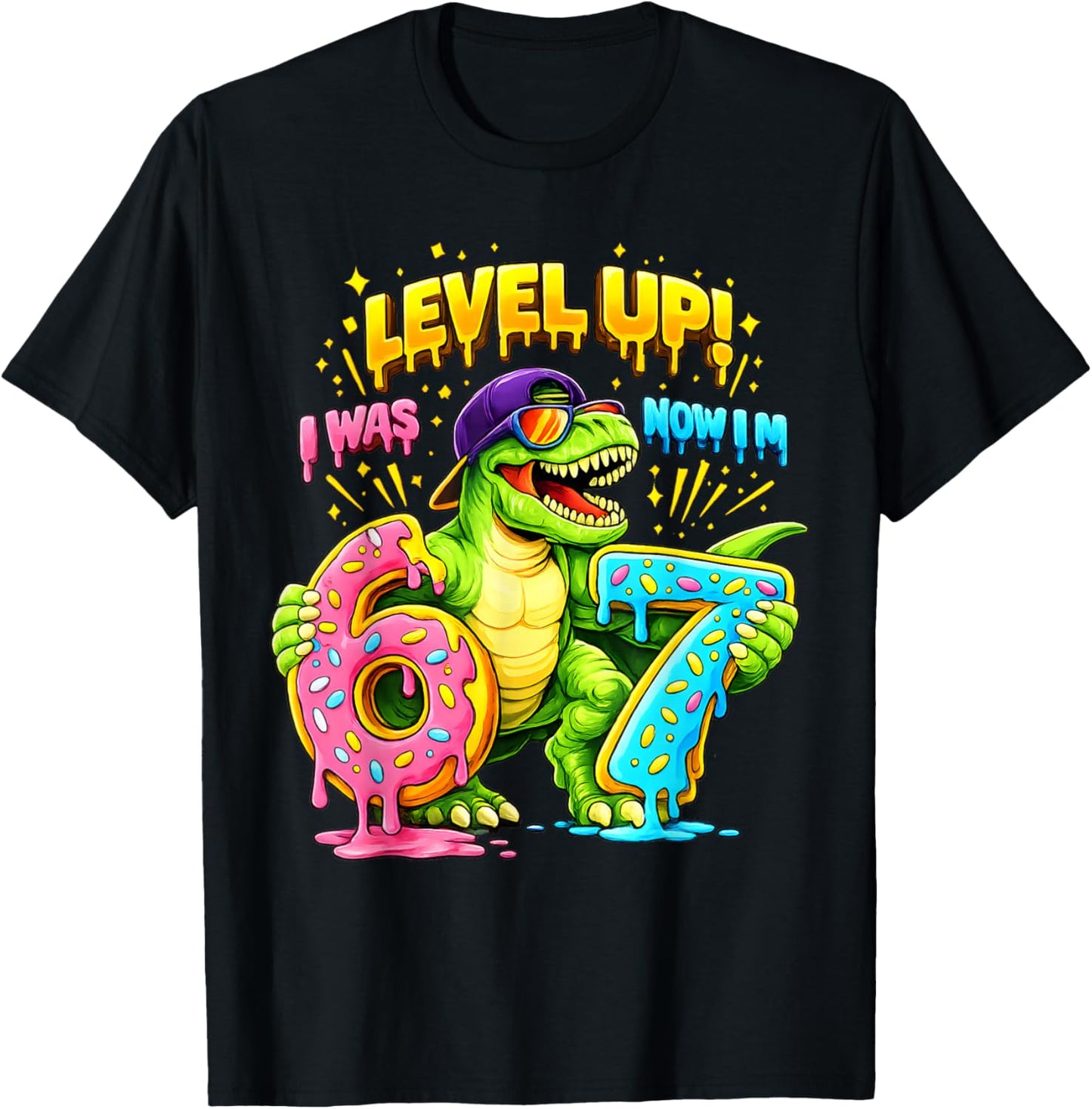 7th Birthday I was Six Now I'm Seven Dinosaur Funny 67 Meme T-Shirt - T-Shirt | Black