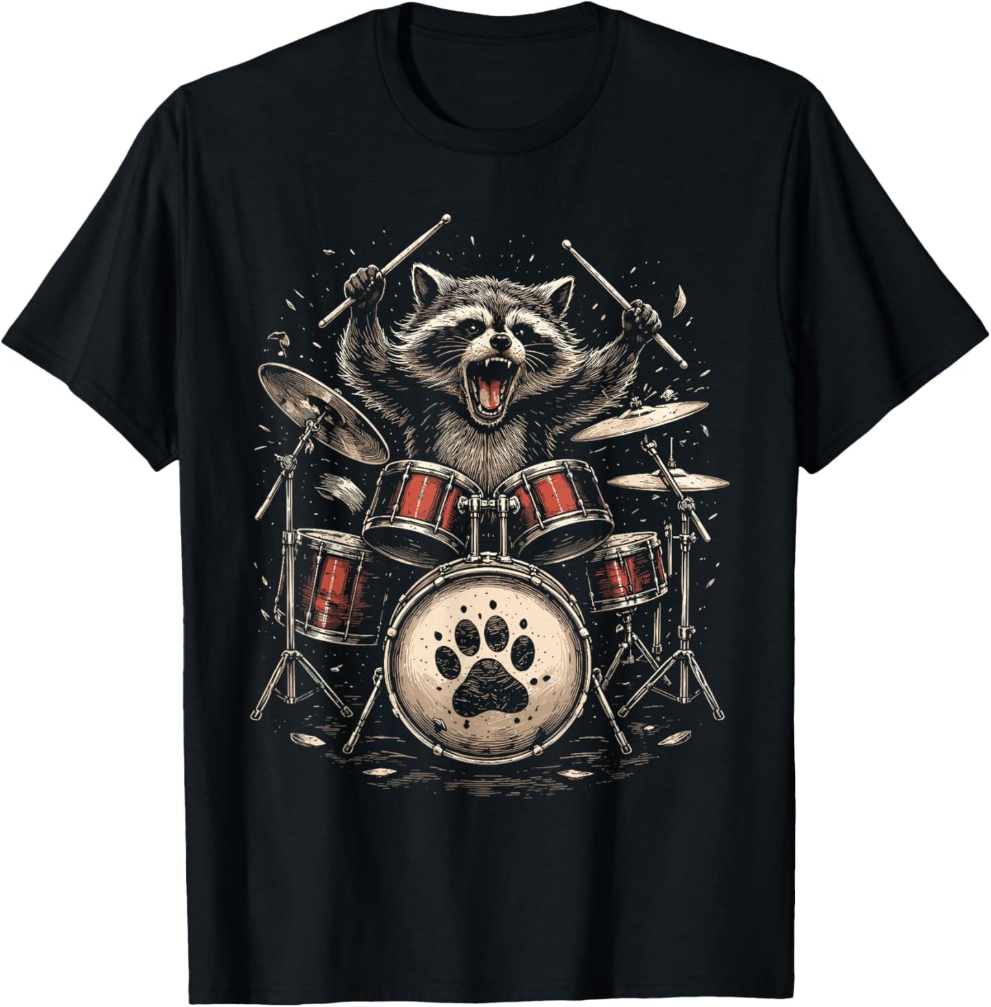 Raccoon Drummer Rock Band Animal Graphic T-Shirt - T-Shirt | Black