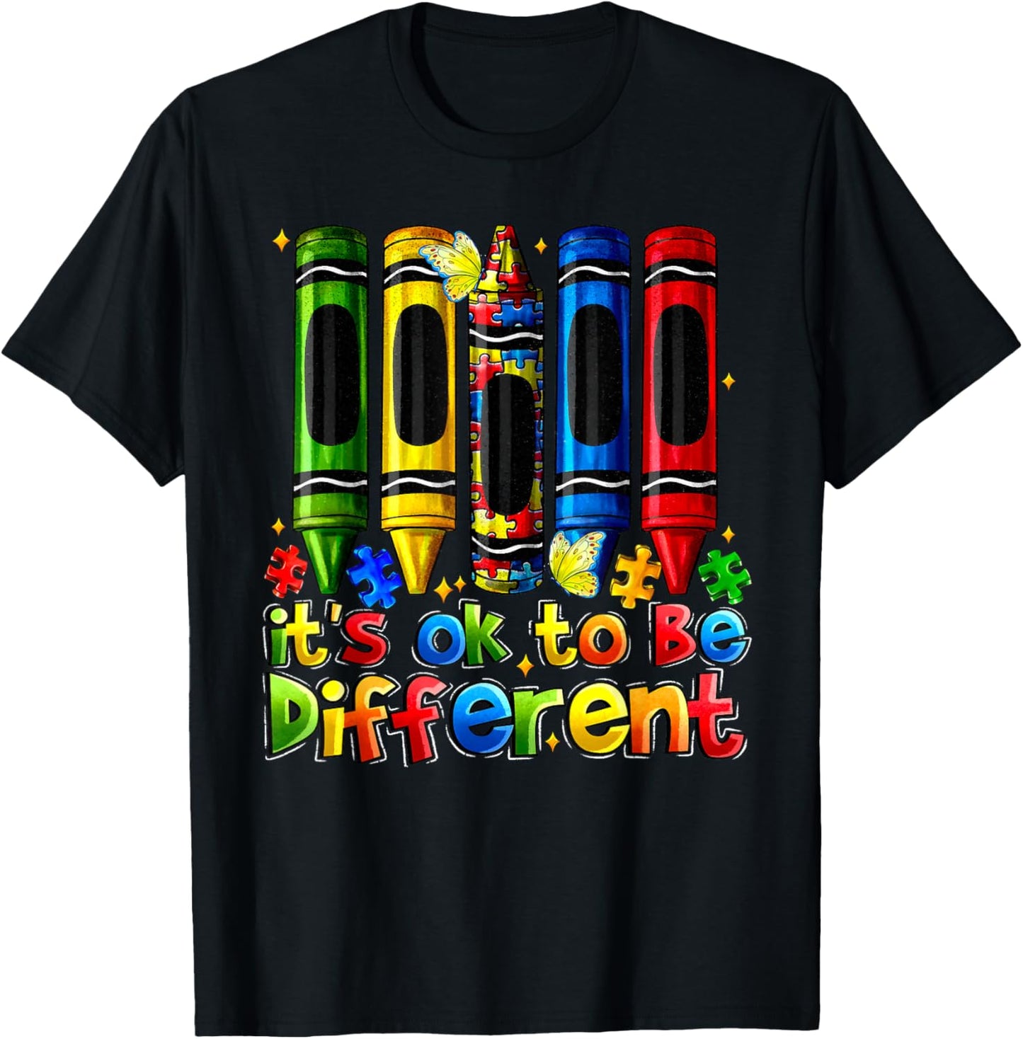 It's Ok to Be Different Crayons Autism Awareness Puzzle T-Shirt - T-Shirt | Black