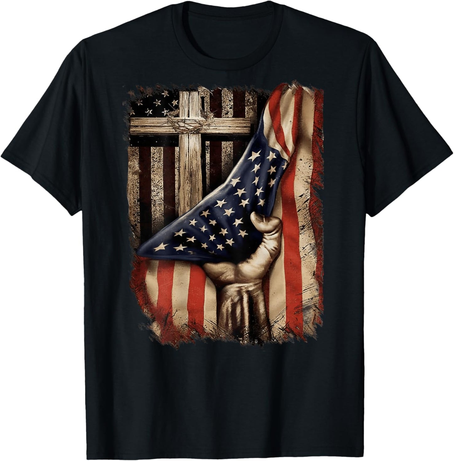 American USA Flag Christian Cross Patriotic (On Back) T-Shirt - T-Shirt | Black