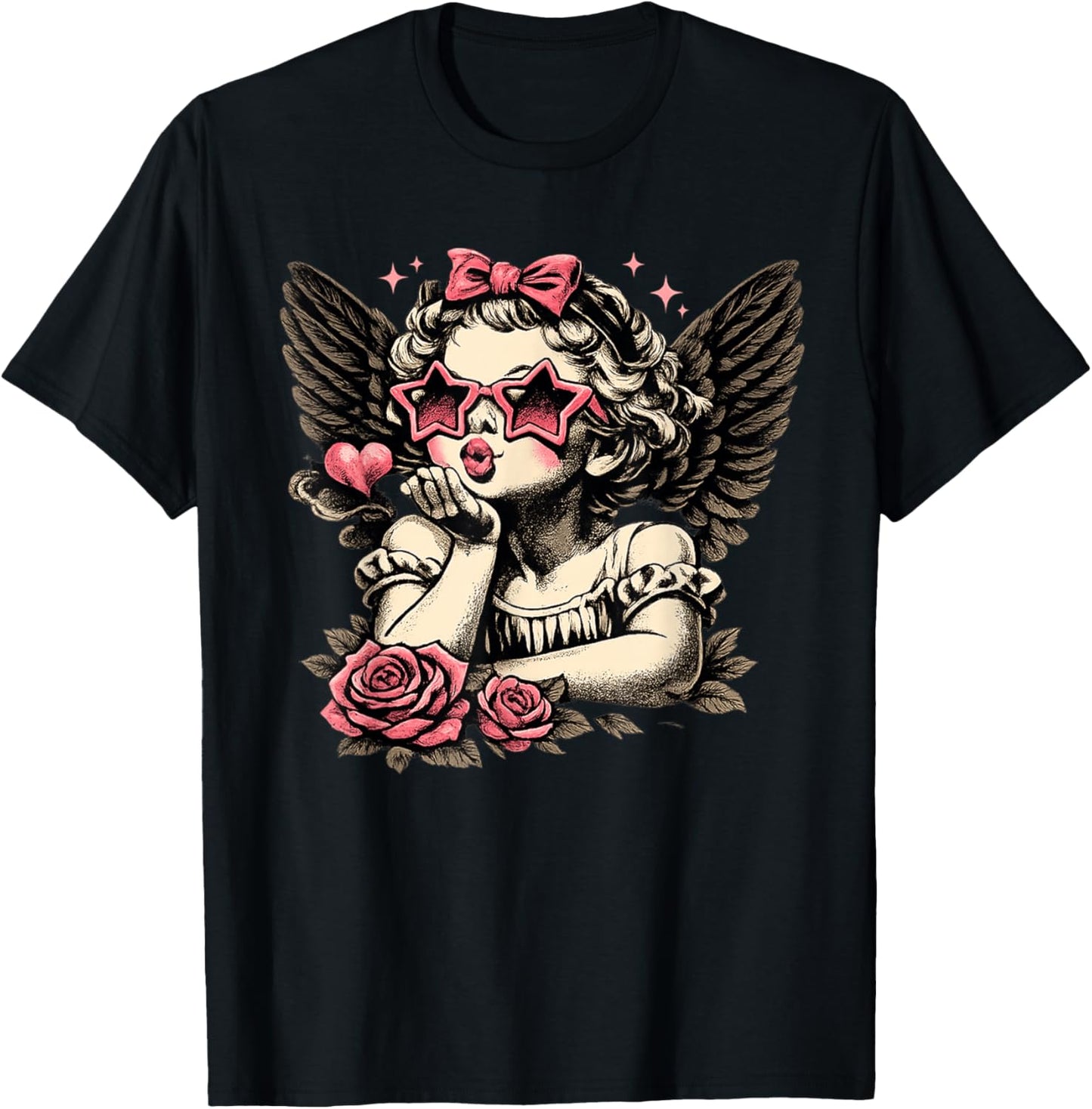 Retro Valentine Day Cute Vintage Cupid Blowing Kiss Star T-Shirt - T-Shirt | Black