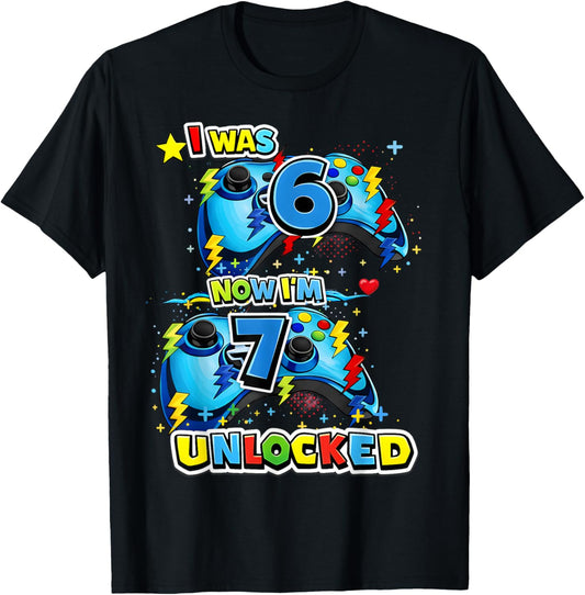 I was 6 Now Im 7 Unlocked 7th Birthday Video Game 7 Years T-Shirt - T-Shirt | Black